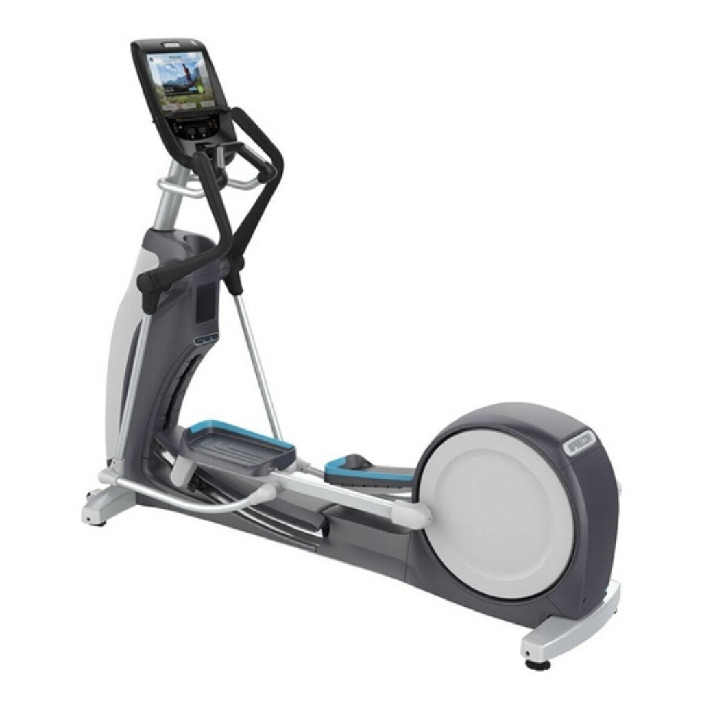 A Precor EFX 885 Elliptical trainer with a Converging Crossramp and a P82 Console. The machine is gray and has a digital screen.